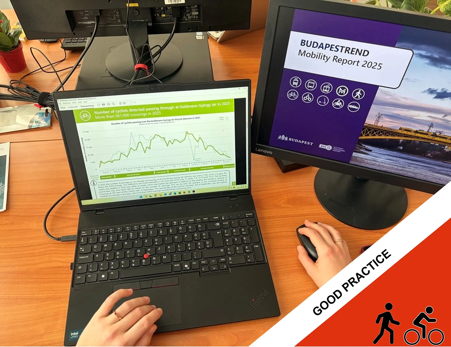  Computer monitor and notebook showing report and data.