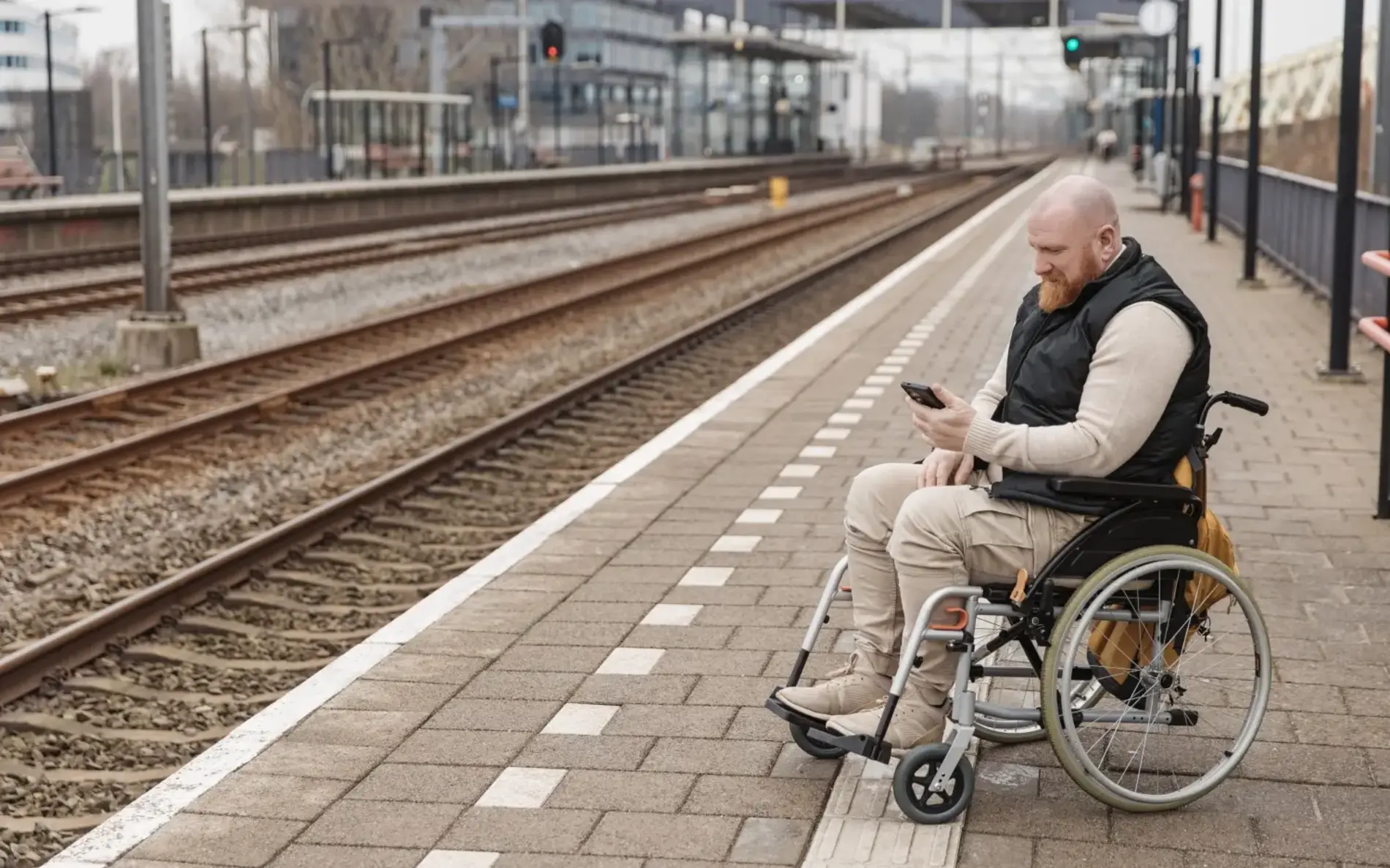 Mann sitzt im Rollstuhl und schaut auf sein Handy. im Hintergrund Gleise