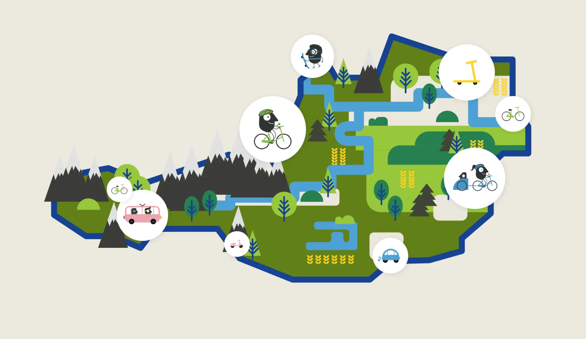 Eine Österreichkarte mit grünen Illustrationen: Wald, Seen, Berge, Wege. Darauf sind vereinzelt Verkehrsmittel abgebildet wie ein Fahrrad, ein Bus, Zu-Fuß-Gehende