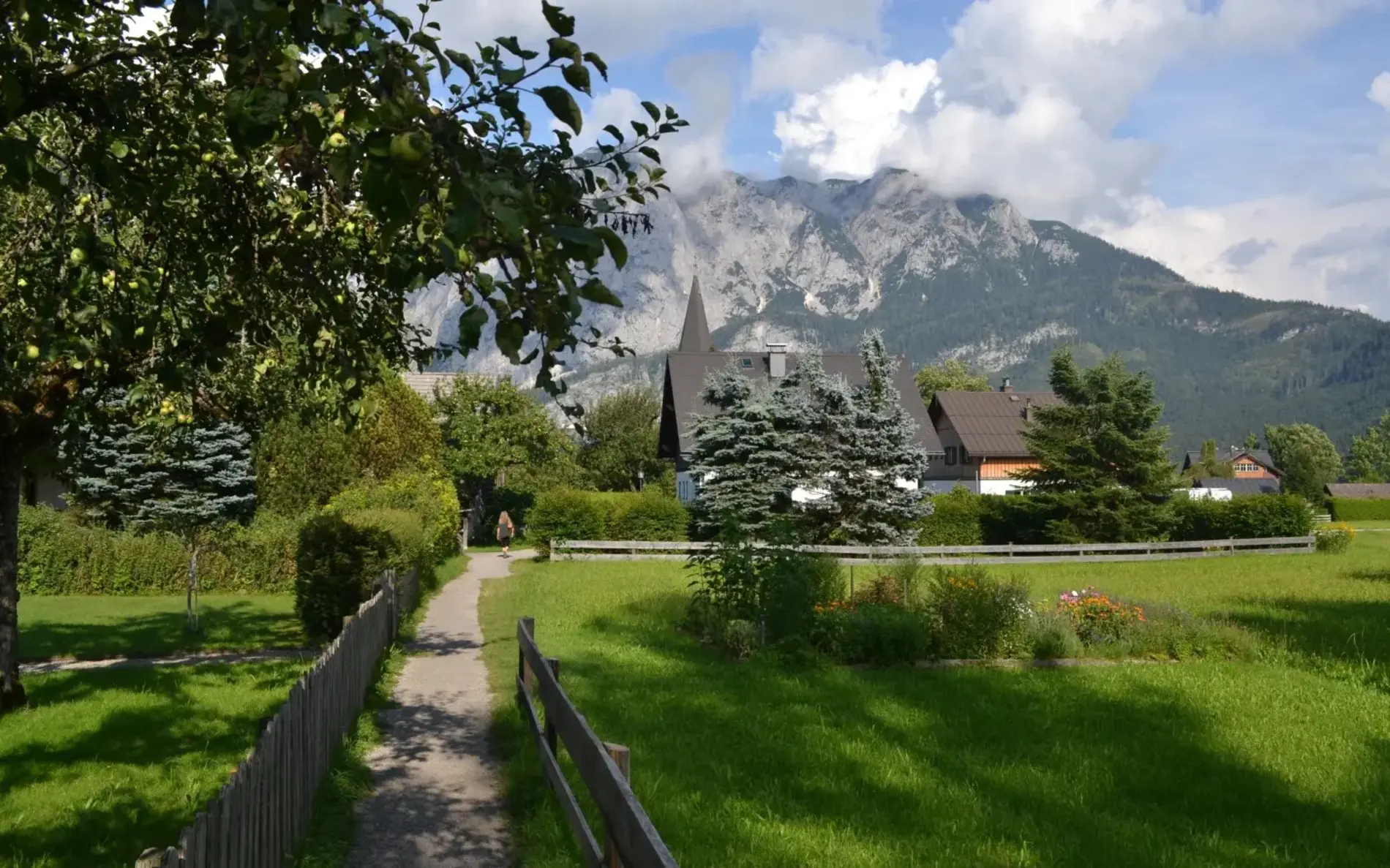 Schleichweg der links und rechts bezäunt ist. In der Ferne ein Berg und ein Haus.