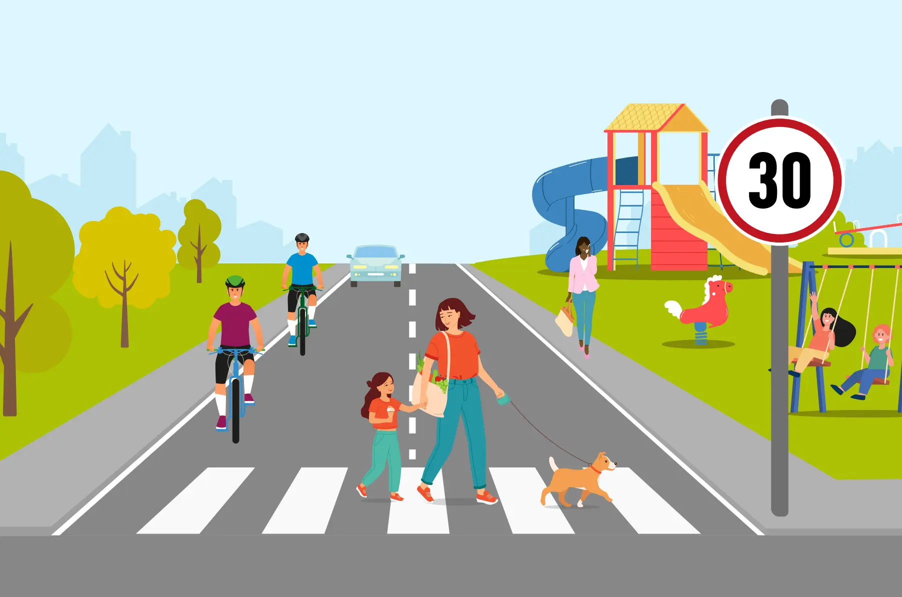 Illustration mit einer Straße, einem Zebra-Streifen, wo gerade mehrere Fußgänger unterwegs sind und ein Fahrradweg mit Radfahrern. Die Straße ist mit Tempo 30 Schild versehen. Im Hintergrund ist auch ein Spielplatz zu sehen. Links und rechts von der Straße viel Grün und Bäume.