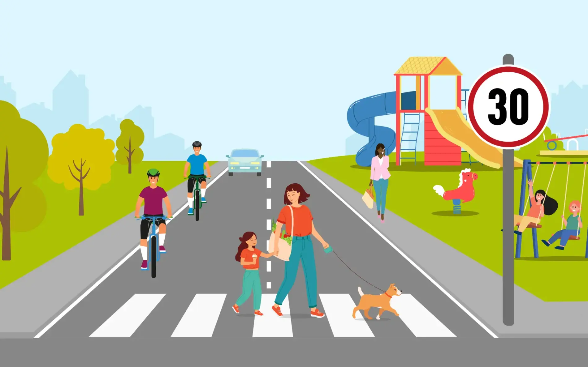 Illustration mit einer Straße, einem Zebra-Streifen, wo gerade mehrere Fußgänger unterwegs sind und ein Fahrradweg mit Radfahrern. Die Straße ist mit Tempo 30 Schild versehen. Im Hintergrund ist auch ein Spielplatz zu sehen. Links und rechts von der Straße viel Grün und Bäume.