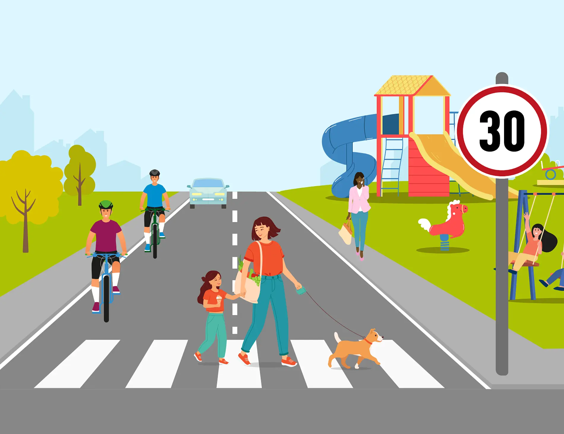 Illustration mit einer Straße, einem Zebra-Streifen, wo gerade mehrere Fußgänger unterwegs sind und ein Fahrradweg mit Radfahrern. Die Straße ist mit Tempo 30 Schild versehen. Im Hintergrund ist auch ein Spielplatz zu sehen. Links und rechts von der Straße viel Grün und Bäume.