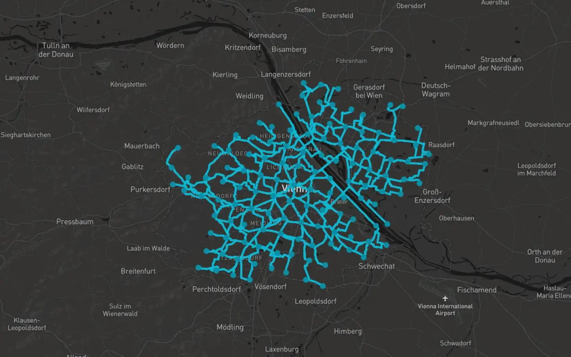 Ansicht der Web-App von GrowBike. Zu sehen ist ein mögliches Radnetz für Wien