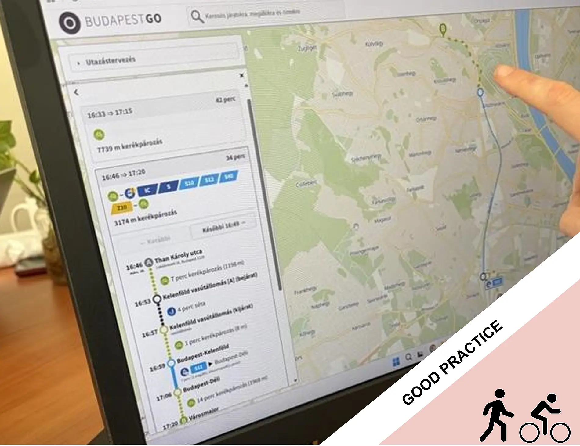  Budapest GO website with planned route on a computer monitor.