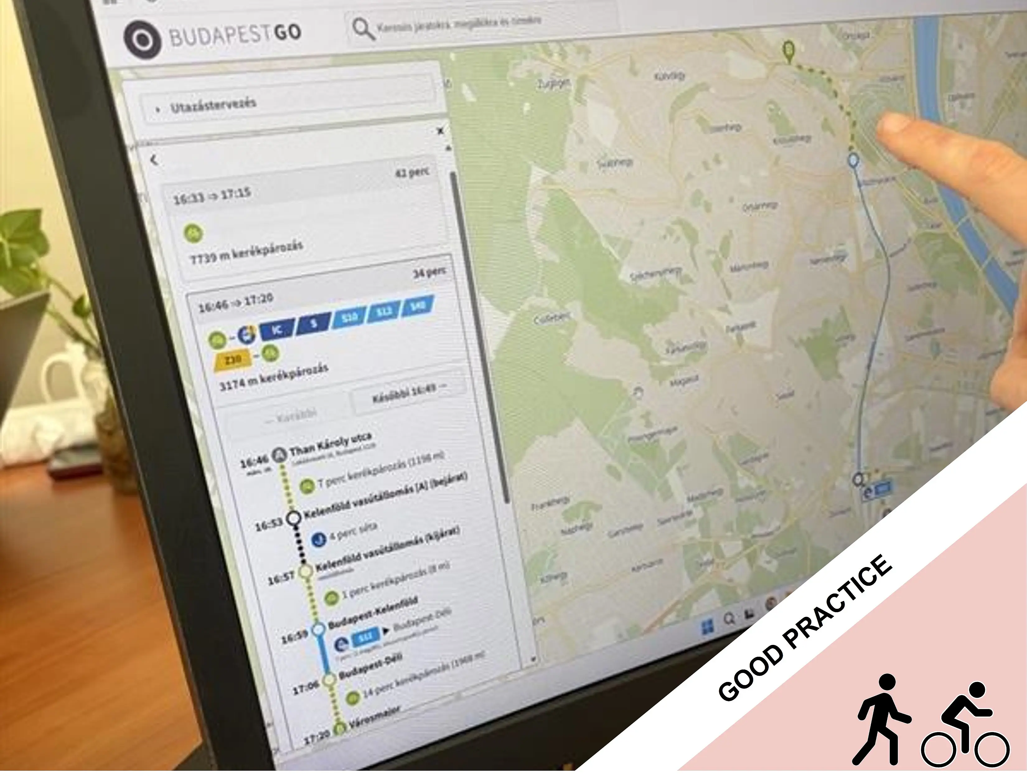  Budapest GO website with planned route on a computer monitor.