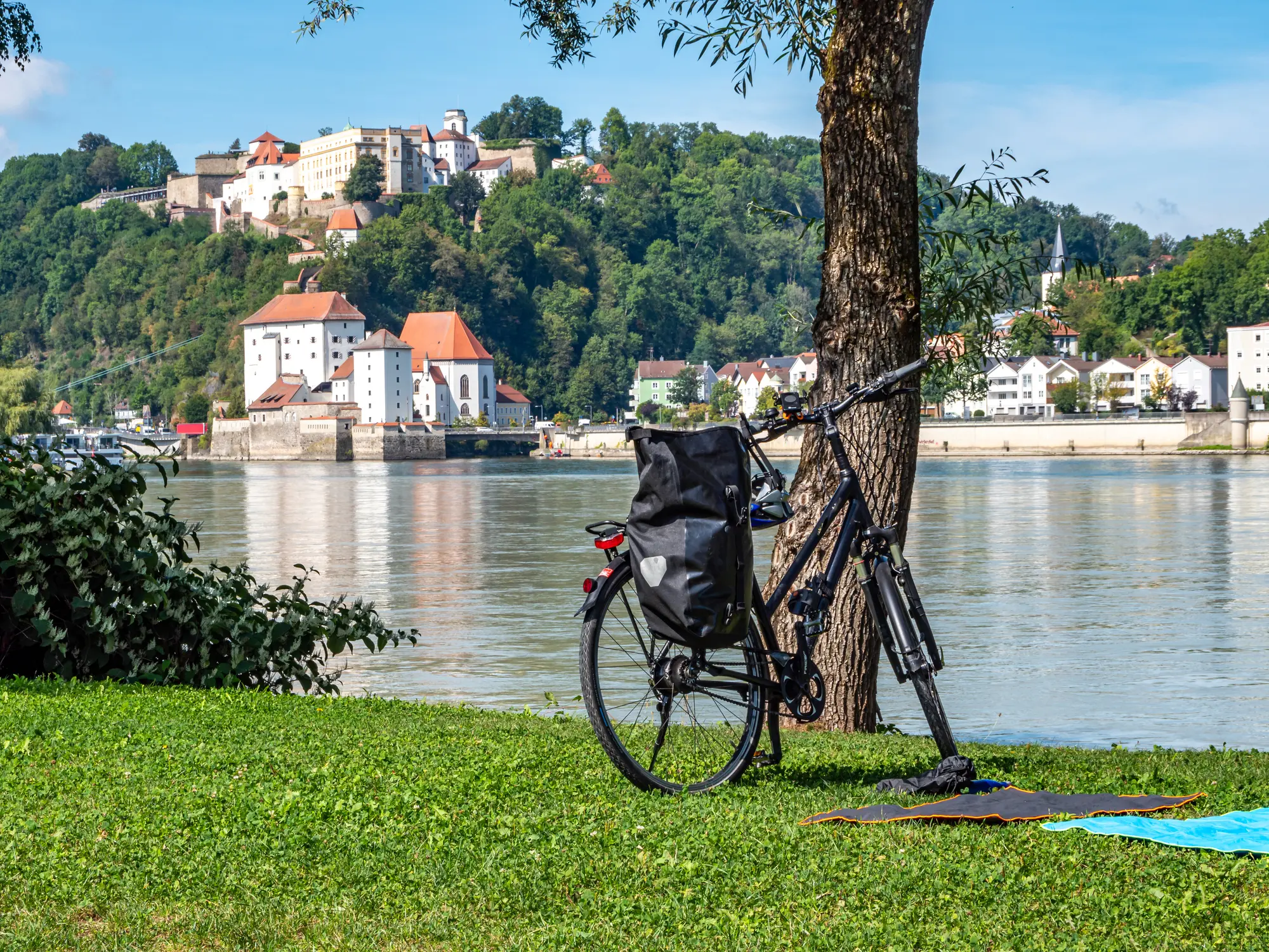 Rad angelehnt an einem Baum, im Hintergrund die Donau und ein Ortspanorama