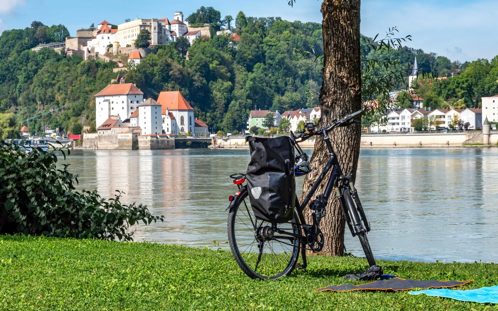 Rad angelehnt an einem Baum, im Hintergrund die Donau und ein Ortspanorama